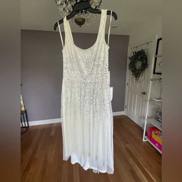 🌺 Adrianna Papell Beaded Shirred Mesh Dress With Sequins - Picture 6 of 9